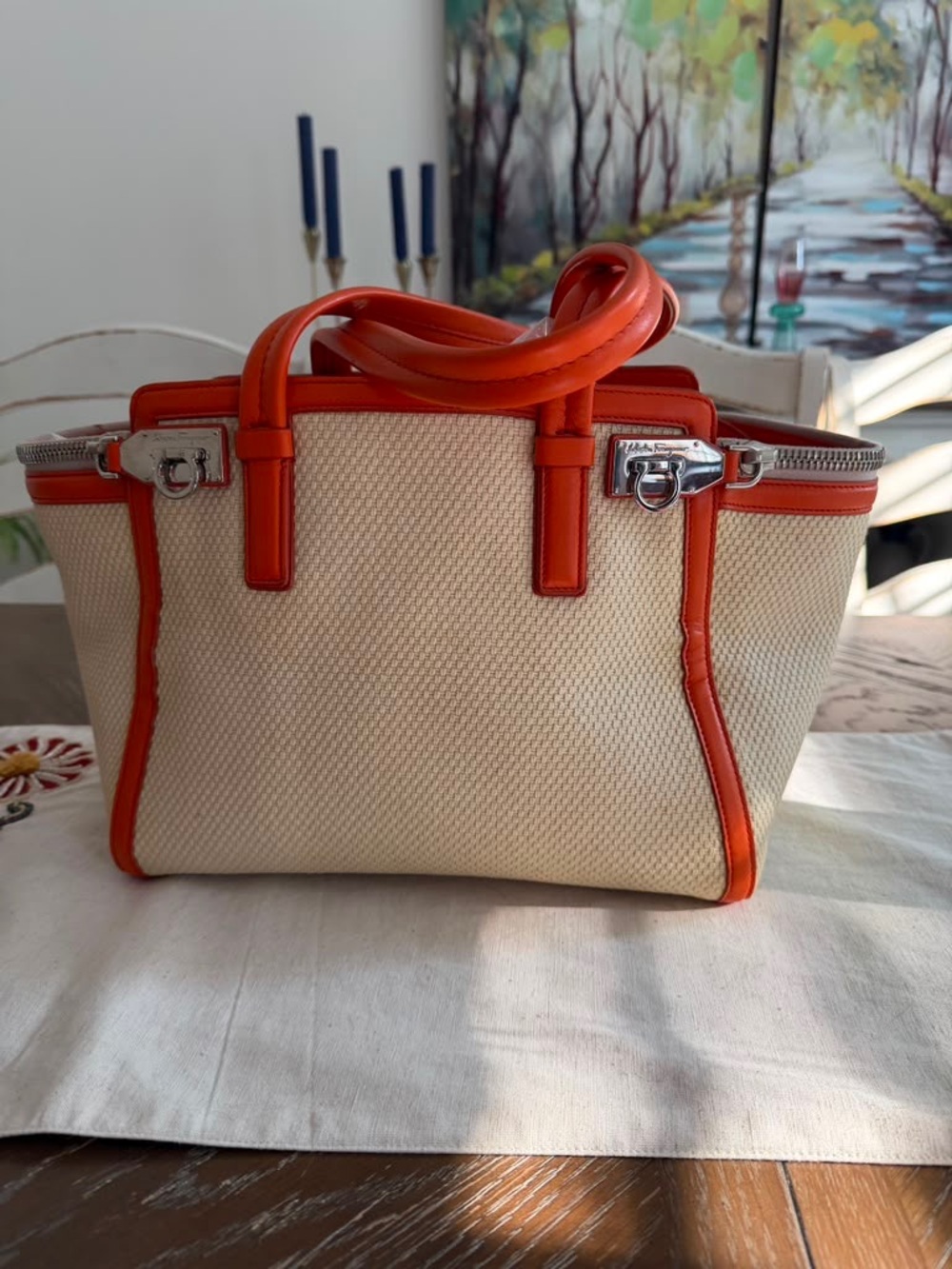 Salvatore Ferragamo Hand Bag White Canvas